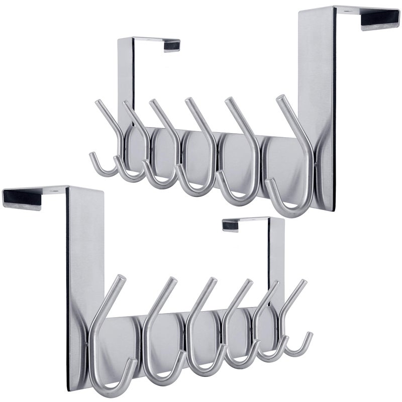 WEBI Over The Door Hook Door Hanger:Over The Door Towel Rack with 6 Coat Hooks for Hanging,Towel Hanger Door Coat Hanger Over Door Coat Rack for Towels,Clothes,Back of Bathroom,Silver,2 Packs - Image 1